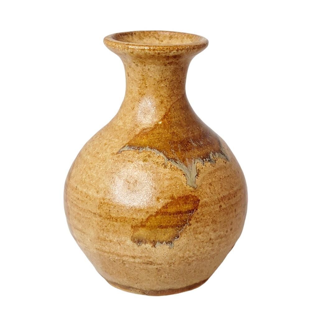 Vintage Art Pottery Vase Yellow Brown Drip Glaze Ceramic Bud Vase Boho Signed - Picture 4 of 8